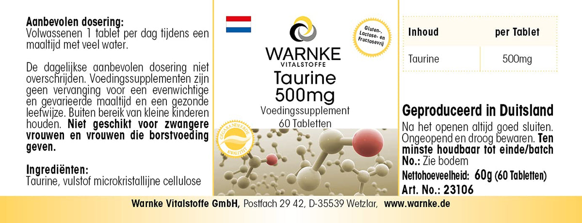 Taurine 500 mg - 60 Tablets - Amino Acid - High Dose | Warnke Vital Substances - German Pharmacy Quality
