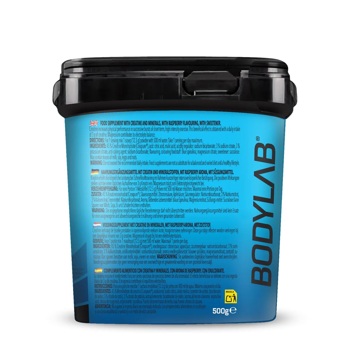 Bodylab24 Electrolytes + Creatine Drink Blaue Himbeere 500g, mit mehr als 4 g reinem Kreatin je Portion als hochwertiges Creapure®, enthält Magnesium, Kalium & Natrium