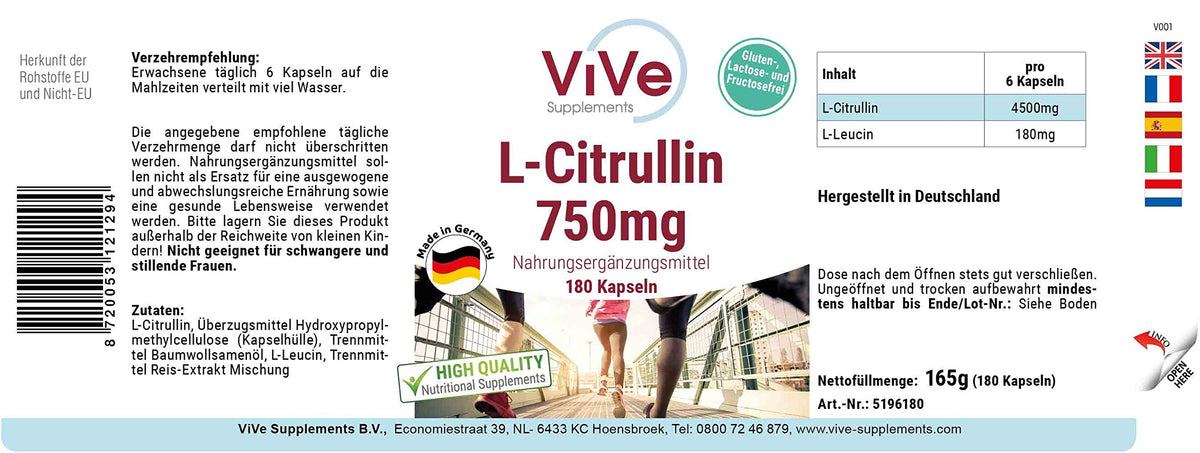 L-Citrulline 750 mg - 180 Capsules for 1 Month - Amino Acid - High Dose and Vegan | Quality from Germany ViVe Supplements