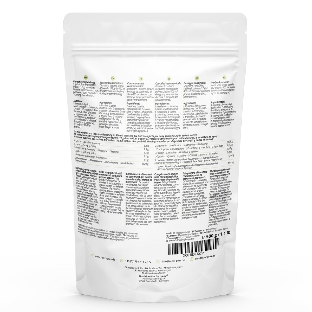 Nutri + EAA Powder Neutral 500 g High Dose + Vegan - 9 Essential Amino Acids - Instant Natural without Sweetener, Additive & Artificial Taste