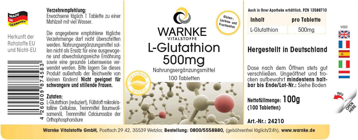 WARNKE Health Products L Glutathione 500mg – Reduces – 100 Vegan Tablets