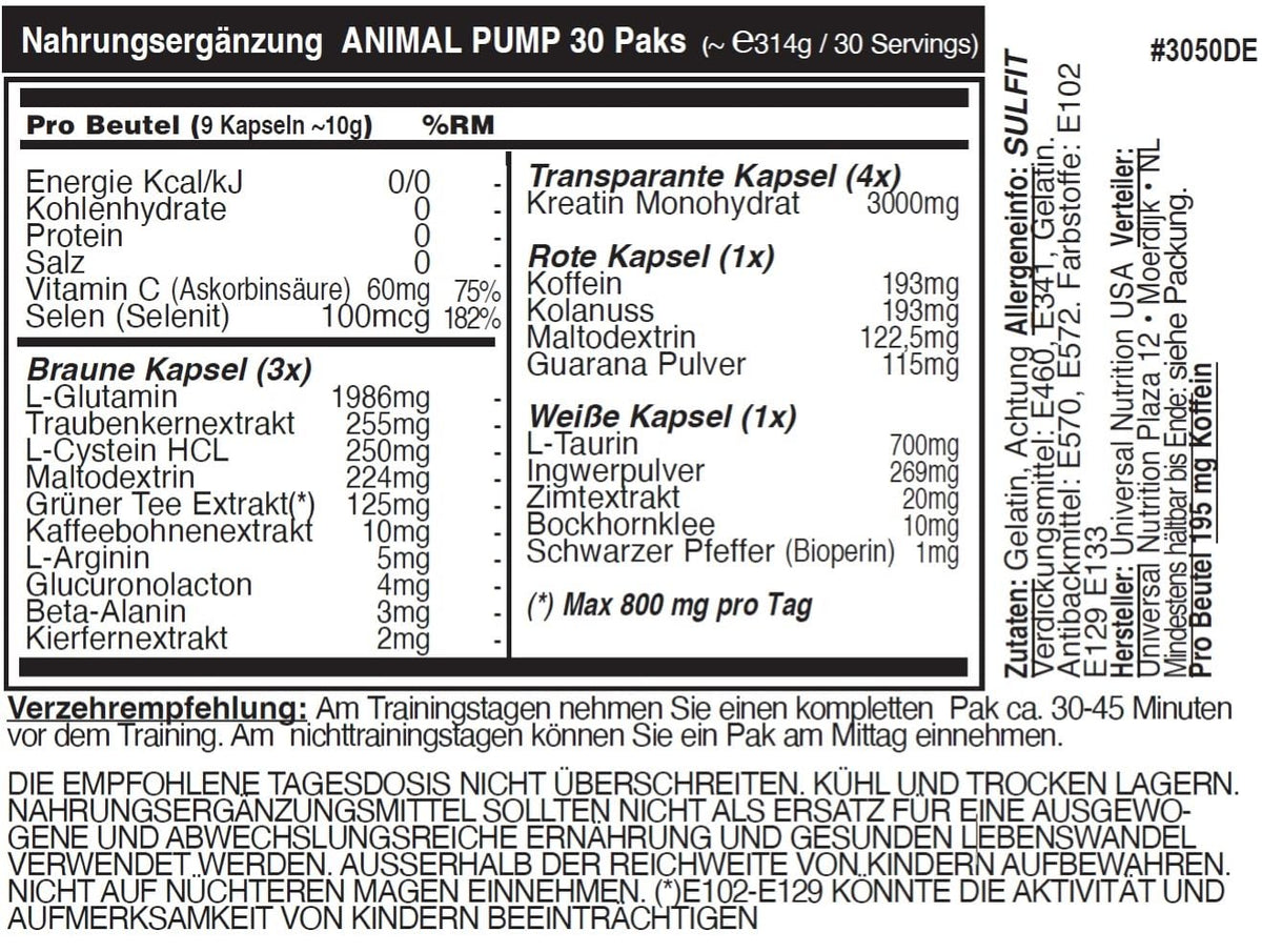 Universal Nutrition Animal Pump - Pre Workout with Creatine, L-Arginine, Beta Alanine, Taurine, Glutamine & Caffeine for Maximum Pump, Energy & Supply of Amino Acids during Training, 30 Units