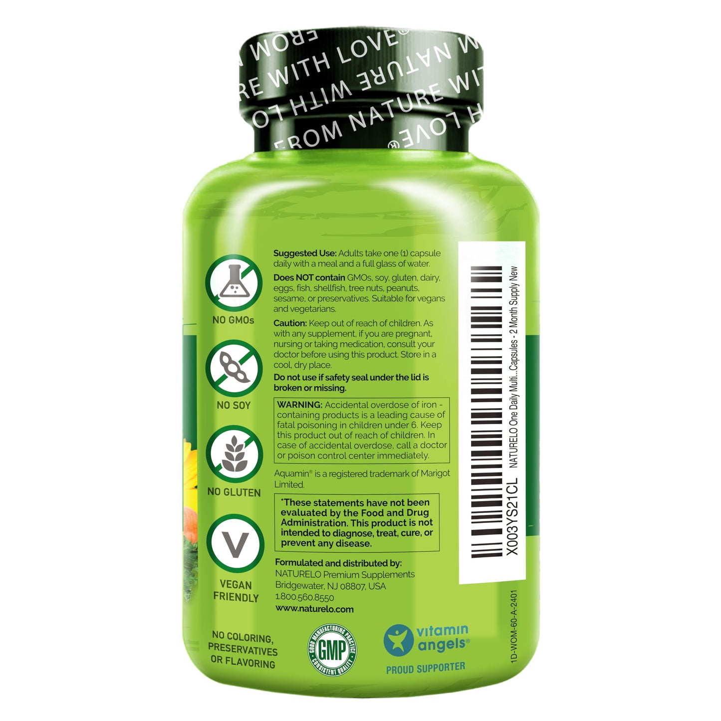 NATURELO One Daily Multivitamin for Women w/Vitamin B12, 60 Ct, Energy Support, Whole Food Daily Women Multivitamin Supplement, Nourish Hair/Skin/Nail, Non-GMO