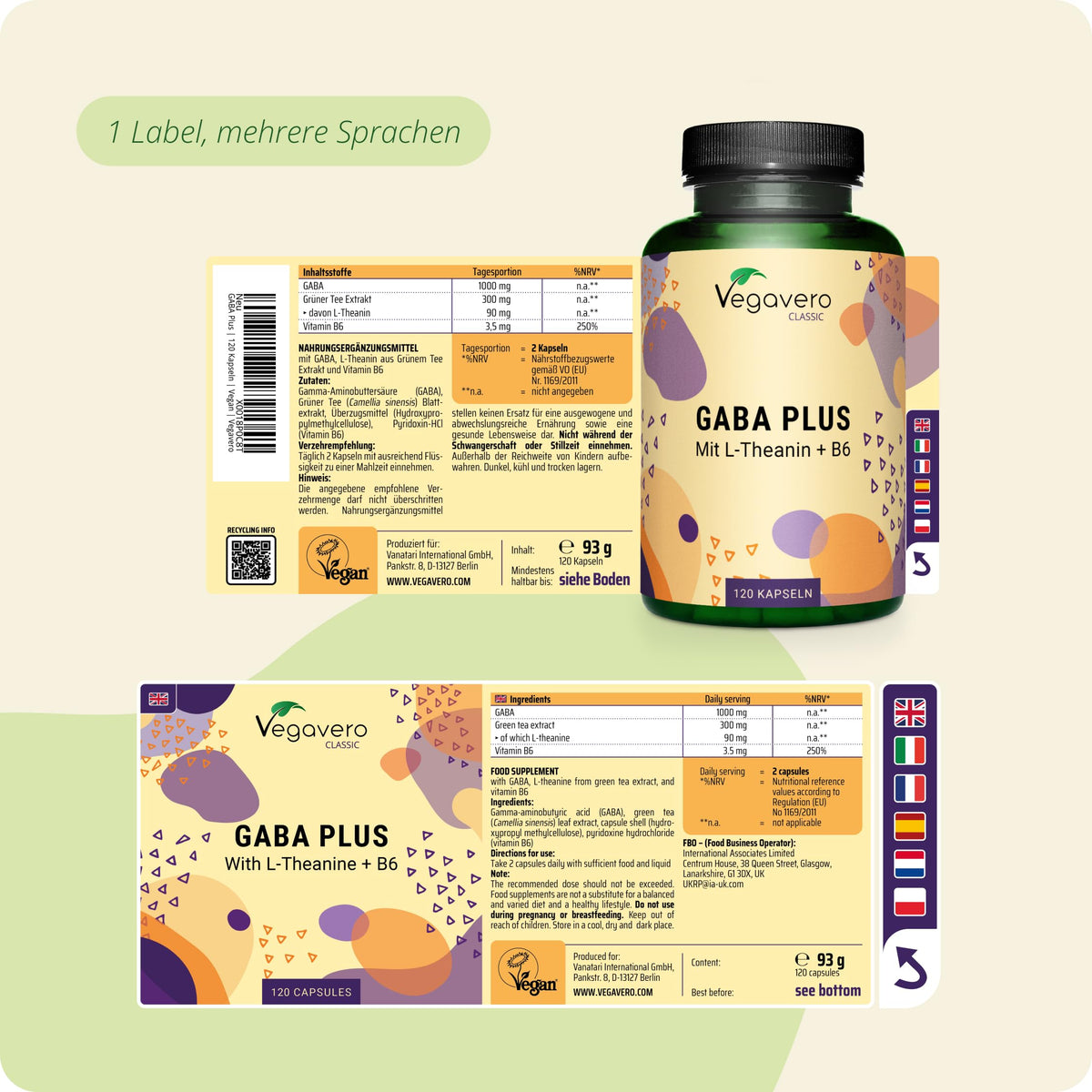 Vegavero Gaba Capsules High Dose 120 Pieces - 1000 mg Gaba with L-Theanine from Green Tea Extract & Vitamin B6 - Gamma Aminobutyric Acid Vegan - No Additives