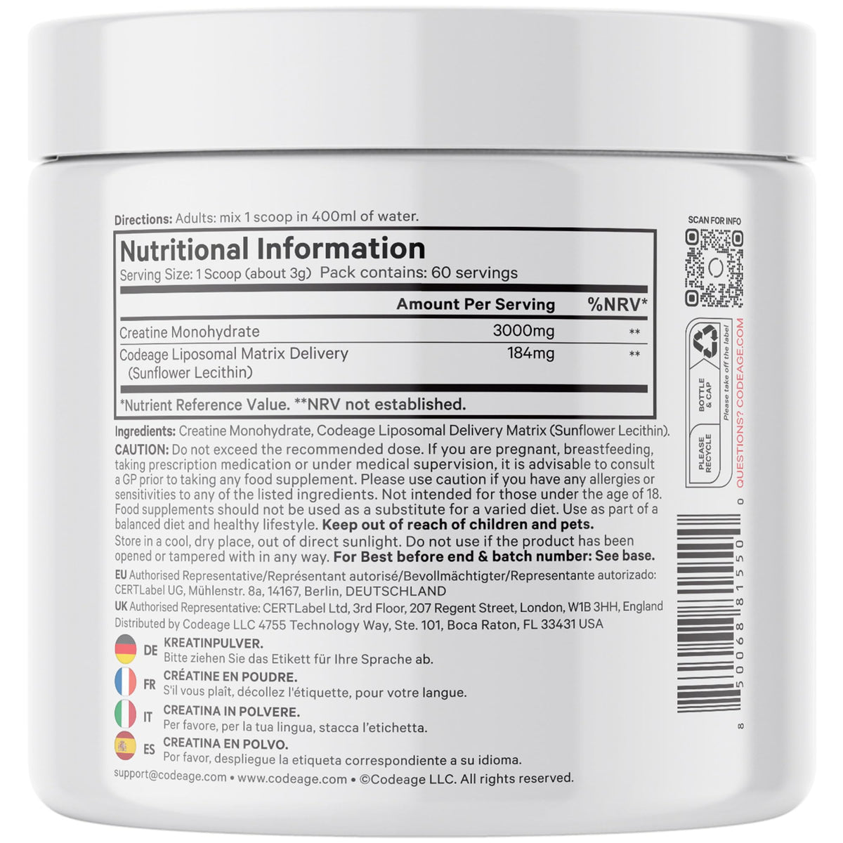 Buy Codeage Liposomal Creatine Monohydrate Powder - 3000 mg Per Serving, Tasteless, 60 Servings - Dietary Supplement Before and After Training - 2 Month Supply - OmniHealthRx Usa supplements