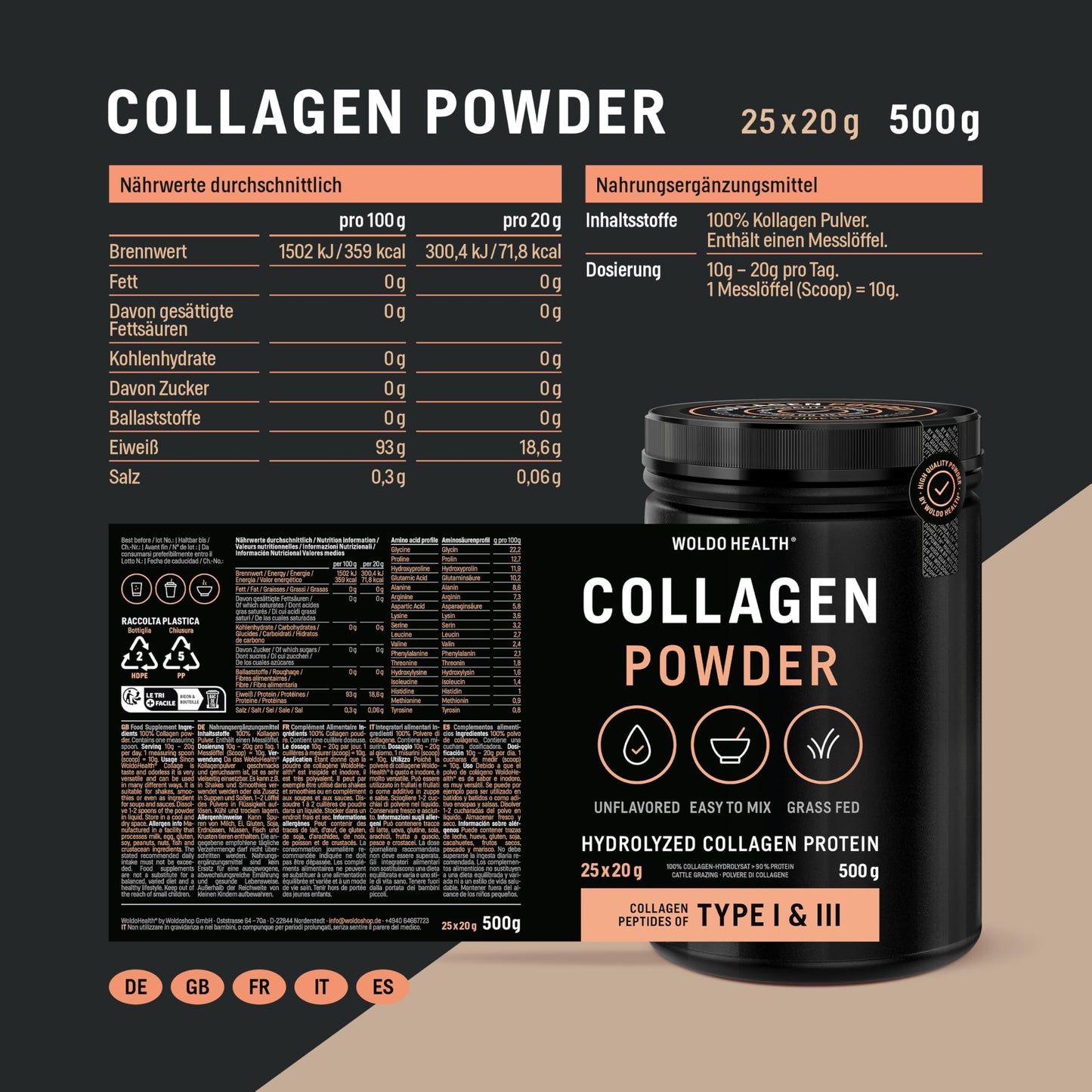 Collagen Powder 500 g 500.0 | Bovine collagen hydrolysate, peptides, tasteless, slightly soluble
