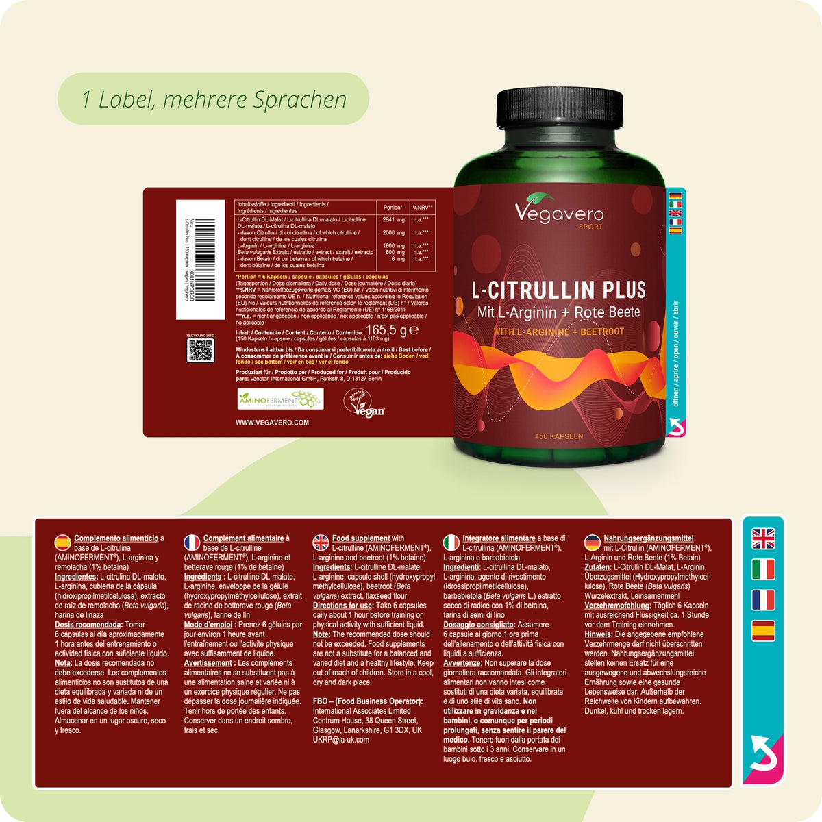 Vegavero L-Citrulline Malate - with L-Arginine & Beetroot - 2000 mg Citrulline per Daily Dose - Vegan & High Dose - Pre Workout - No Additives, Laboratory Tested - 150 Capsules