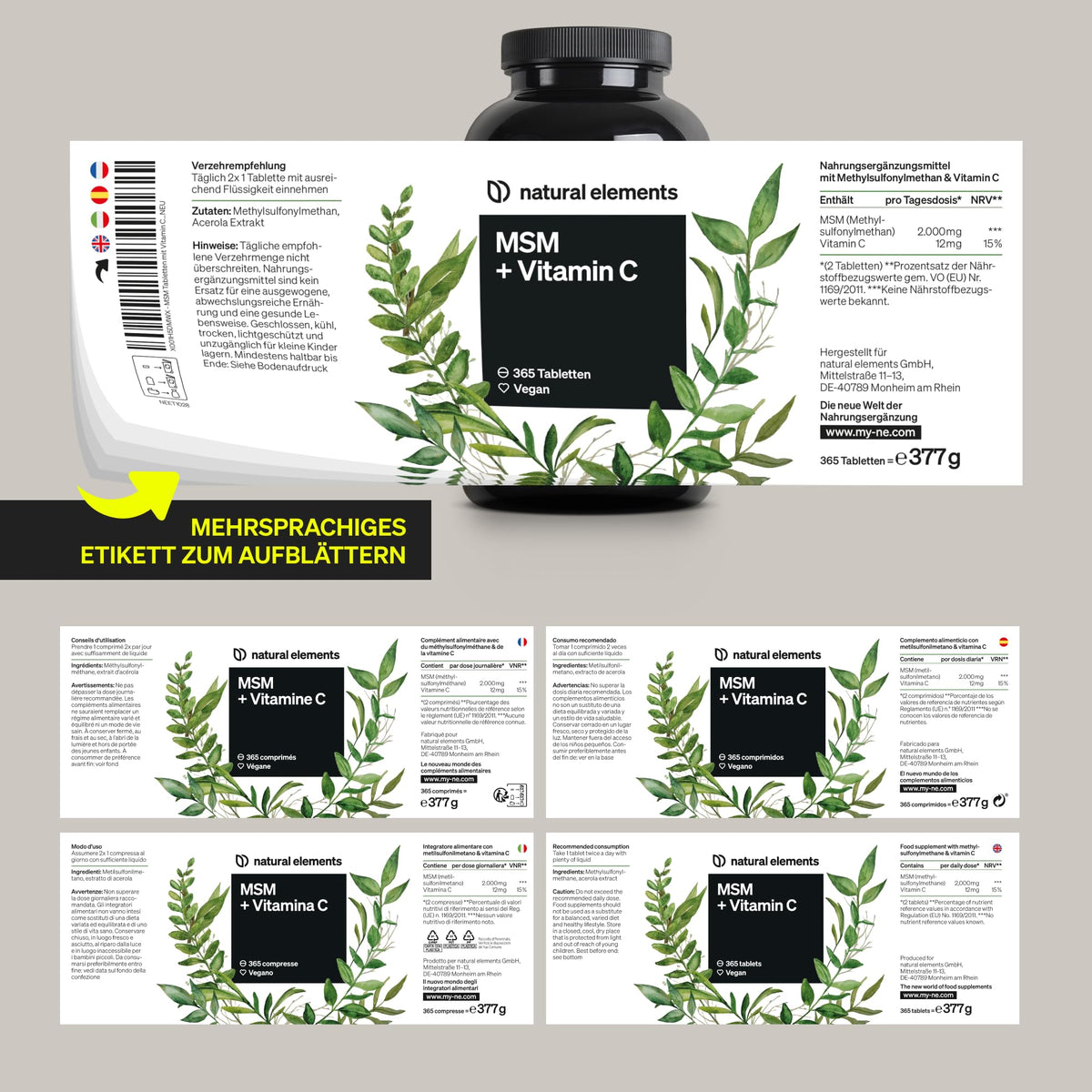MSM with Natural Vitamin C - 365 Vegan Tablets - 2000 mg MSM per Daily Dose – High Dose