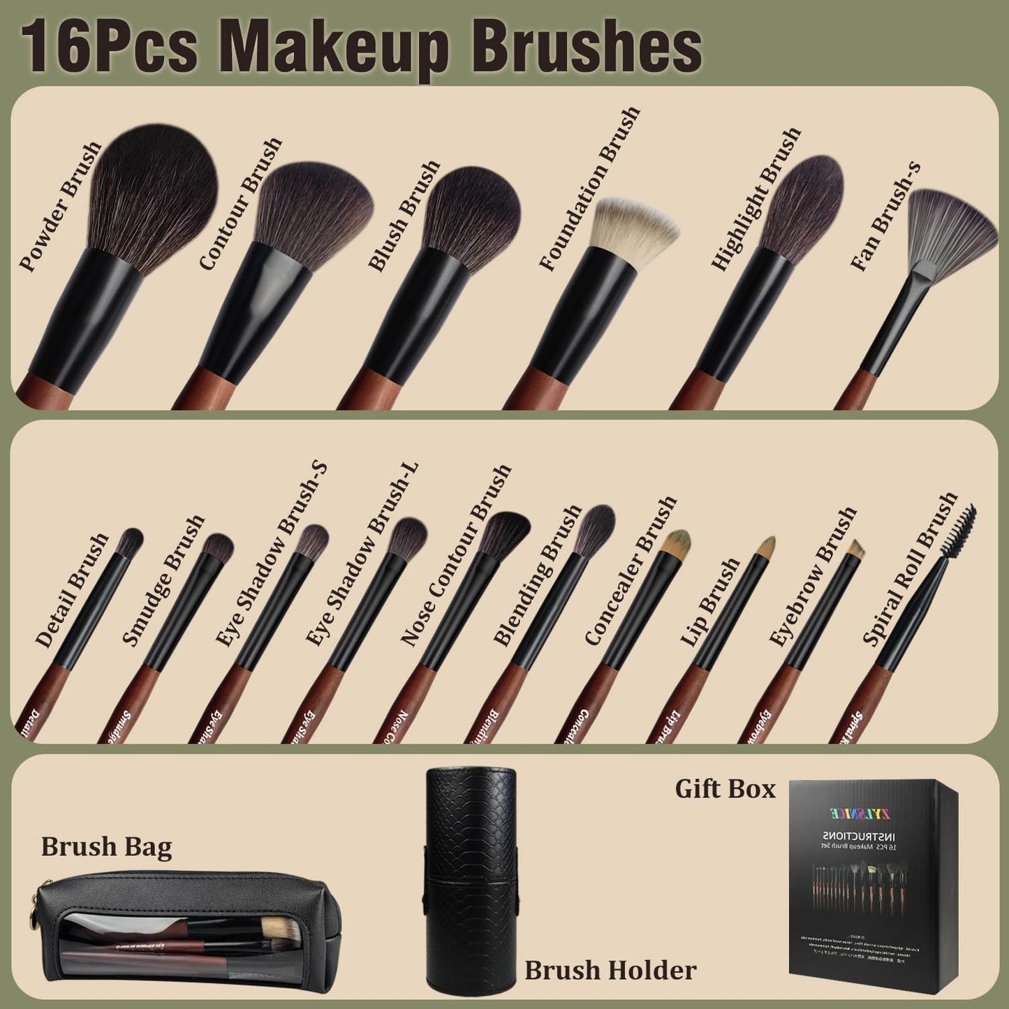 Makeup Brushes 16 Pcs Makeup Brush Set Professional, Wood Handle Travel Make Up Brushes Set with Case, Premium Cruelty-Free Synthetic Fiber Hair Makeup Brush Kit with Holder - Maple Wellness Supplements