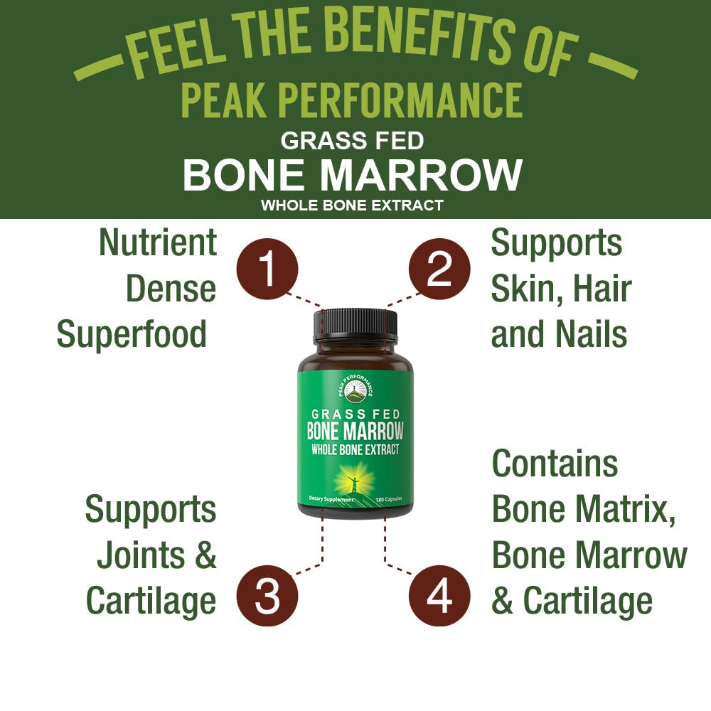 Peak Performance Grass Fed Bone Marrow - Whole Bone Extract Supplement 180 Capsules. Superfood Pills Rich in Collagen, Vitamins, and Amino Acids. from Matrix, Marrow, Cartilage. Ancestral Tablets - Maple Wellness Supplements