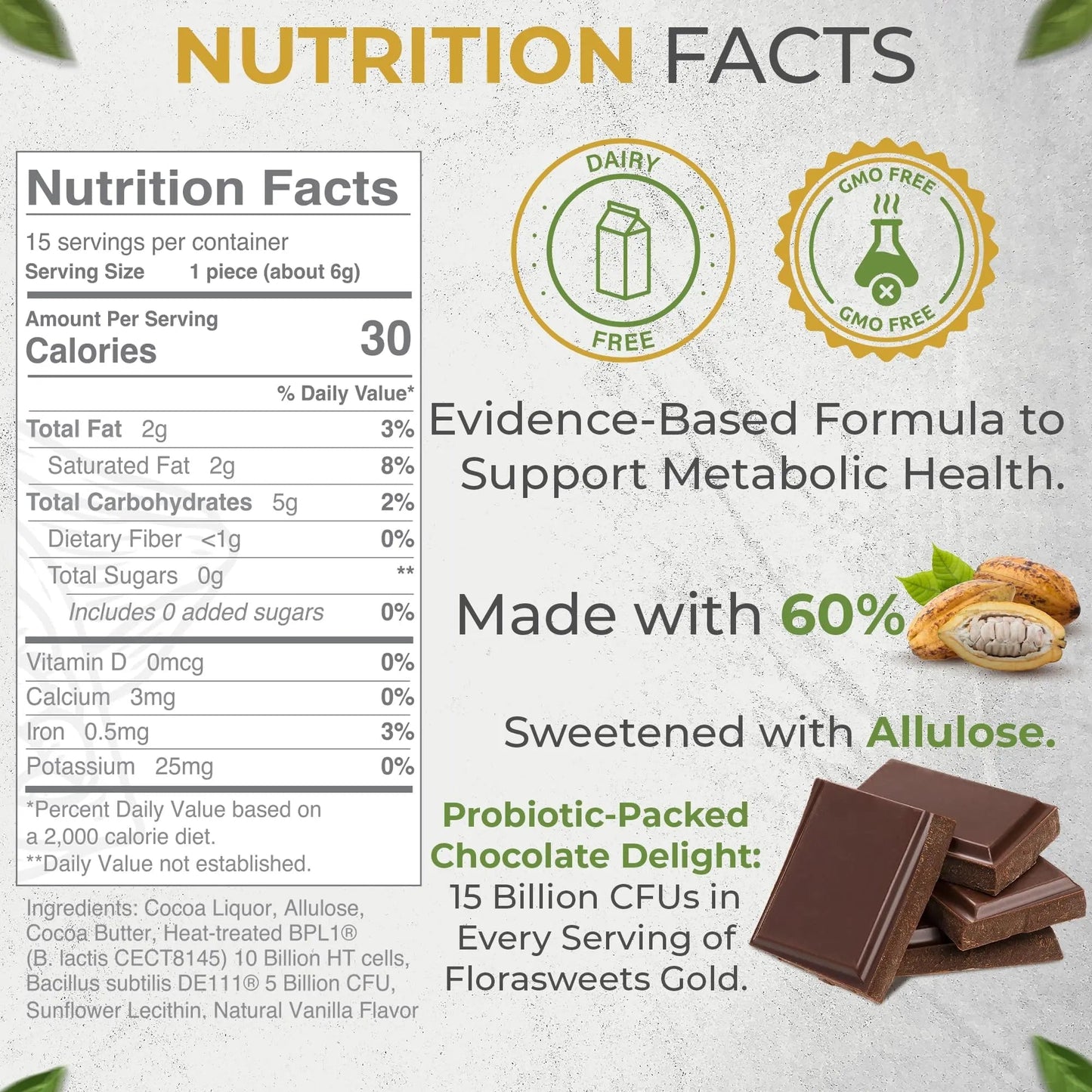 Revival Point Florasweets Gold Chocolate Bites with Probiotic + Postbiotic Stains DE111 & BPL1 - Indivally Wrapped - Supports Digestive & Gut Health Bacillus subtilis (1) - Maple Wellness Supplements