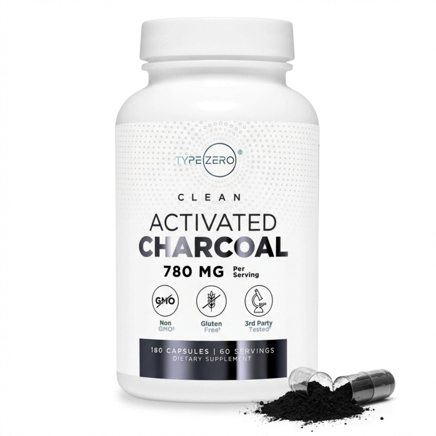 Type Zero Activated Charcoal Capsules (180 Count) - 60 Servings, 780mg Per Serving, from Coconut Shell, Non-GMO, Gluten-Free - Maple Wellness Supplements