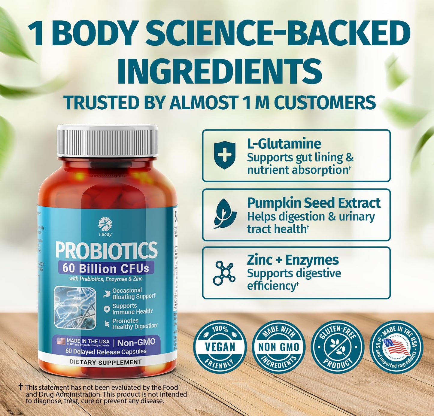 1 Body Probiotic 60 Billion for Men & Women, Gut Health Support with Prebiotics, Digestive Enzymes, Zinc & L-Glutamine, Non-GMO, 60 Vegan Capsules - Maple Wellness Supplements