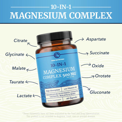 10 in 1 Magnesium Complex Supplement 500MG | Magnesium Citrate, Mag Glycinate, Malate & More | High Absorption Mag Complex with Vitamin B6 | Bone, Muscle & Heart Health Support | Non-GMO | 60 Ct. - Maple Wellness Supplements