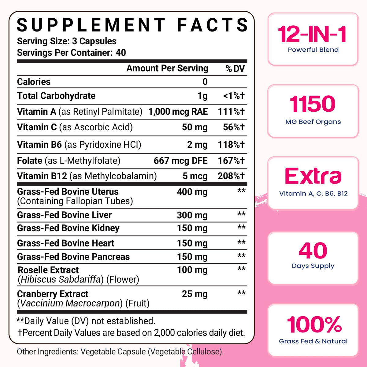 12-In-1 Beef Organ Supplement for Women - Beef Liver, Uterus, Kidney, Heart, Pancreas, 5 Vitamins & 2 Herbs, Hormone Balance, Menstruation, Energy, Immune - 100% Grass Fed, Pasture Raise - 120 Caps - Maple Wellness Supplements