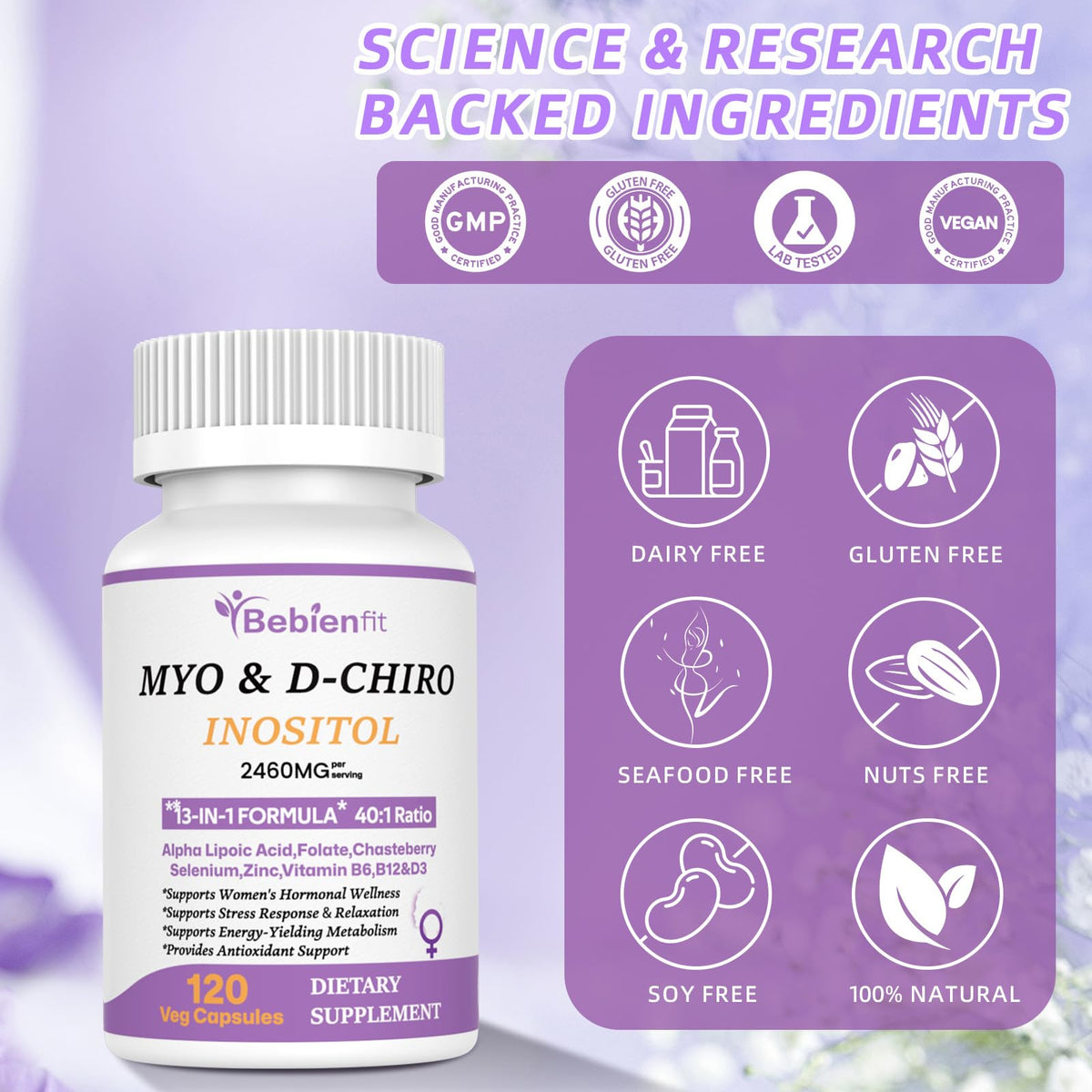 13-in-1 Myo Inositol & D-Chiro Inositol for Women PCOS,Hormonal Balance,2460mg-40:1 Ratio,Ovarian Health&Cycle Support Supplement Plus Alpha Lipoic Acid/Folate/Vitex/Magnesium/Multivitamin,120 Veg Cap - Maple Wellness Supplements