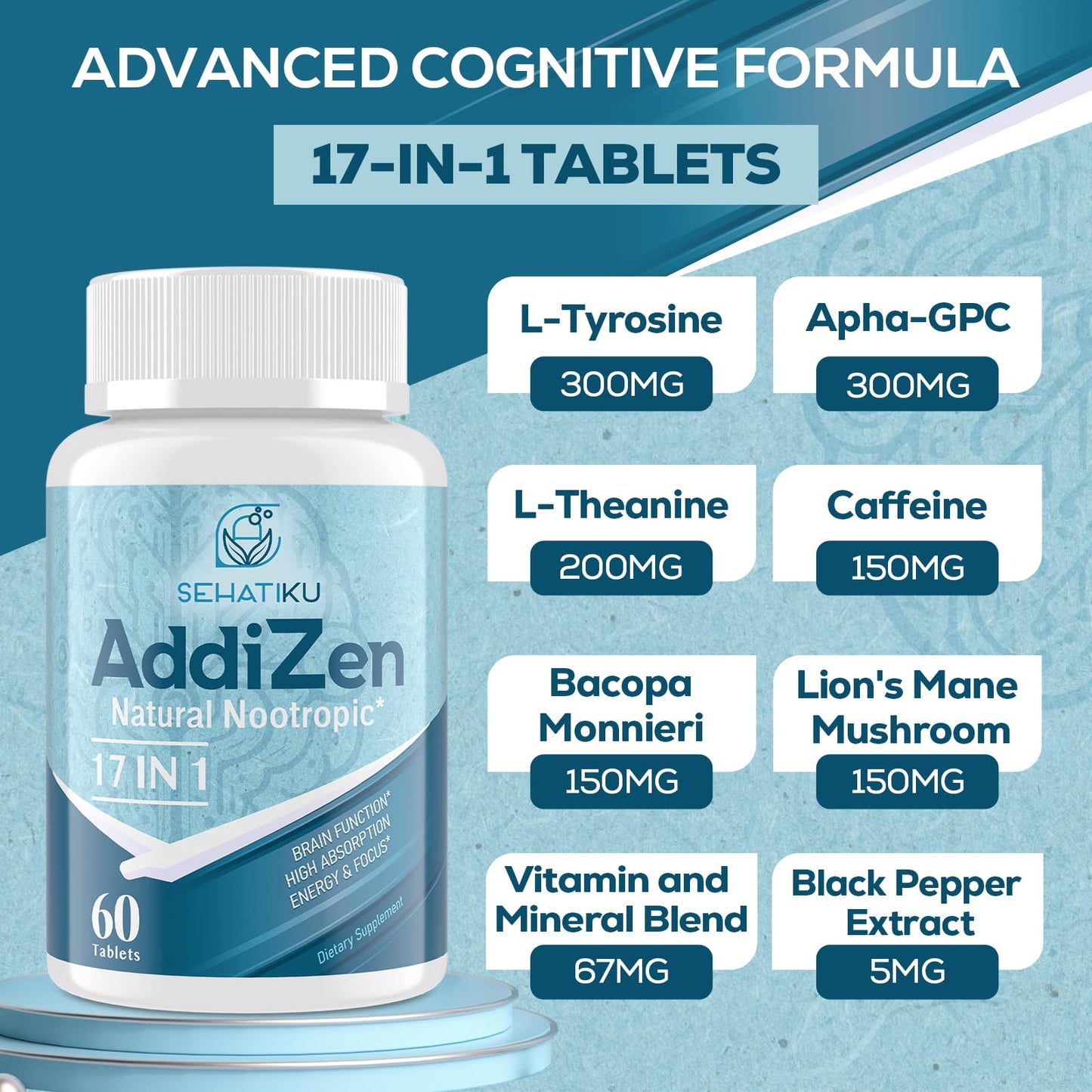 17-in-1 Brain Supplement for Memory and Focus | Natural Nootropics Brain Supplement for Brain Cognition, Energy | High Absorption | L-Theanine, Phytonutrient Blend and Vitamins B6, B12 | 60 Tablets - Maple Wellness Supplements