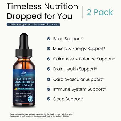 (2 Pack) 10 in 1 Magnesium Calcium Zinc Supplement with Vitamin C D3 K2, Glycinate Mag Vegan Liquid Drops Plus L-Theanine Boron Sea Moss Extract, Immune Support - Maple Wellness Supplements