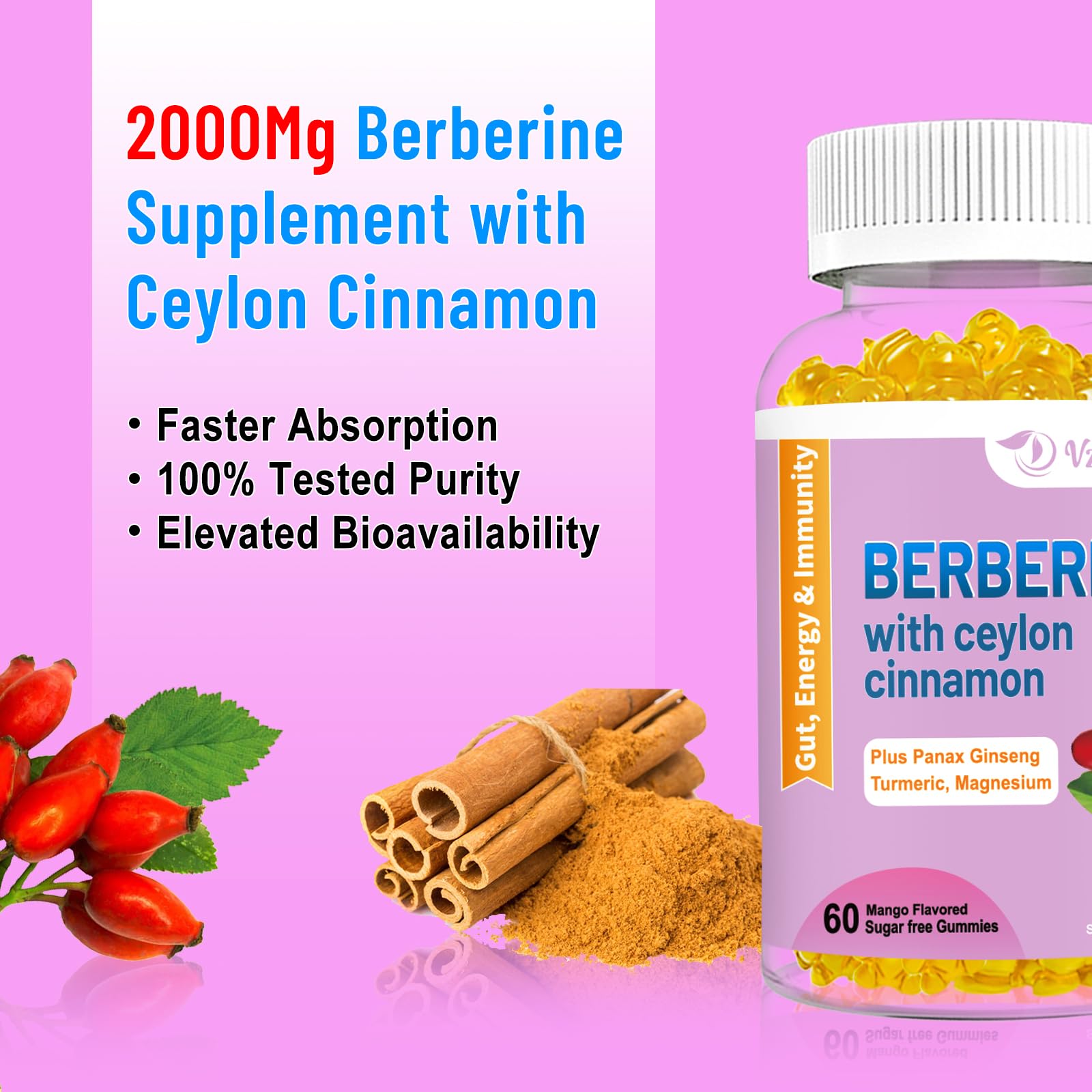 2 Pack Berberine with Ceylon Cinnamon Gummies, 2000mg High Potency Berberine HCI - Maple Wellness Supplements