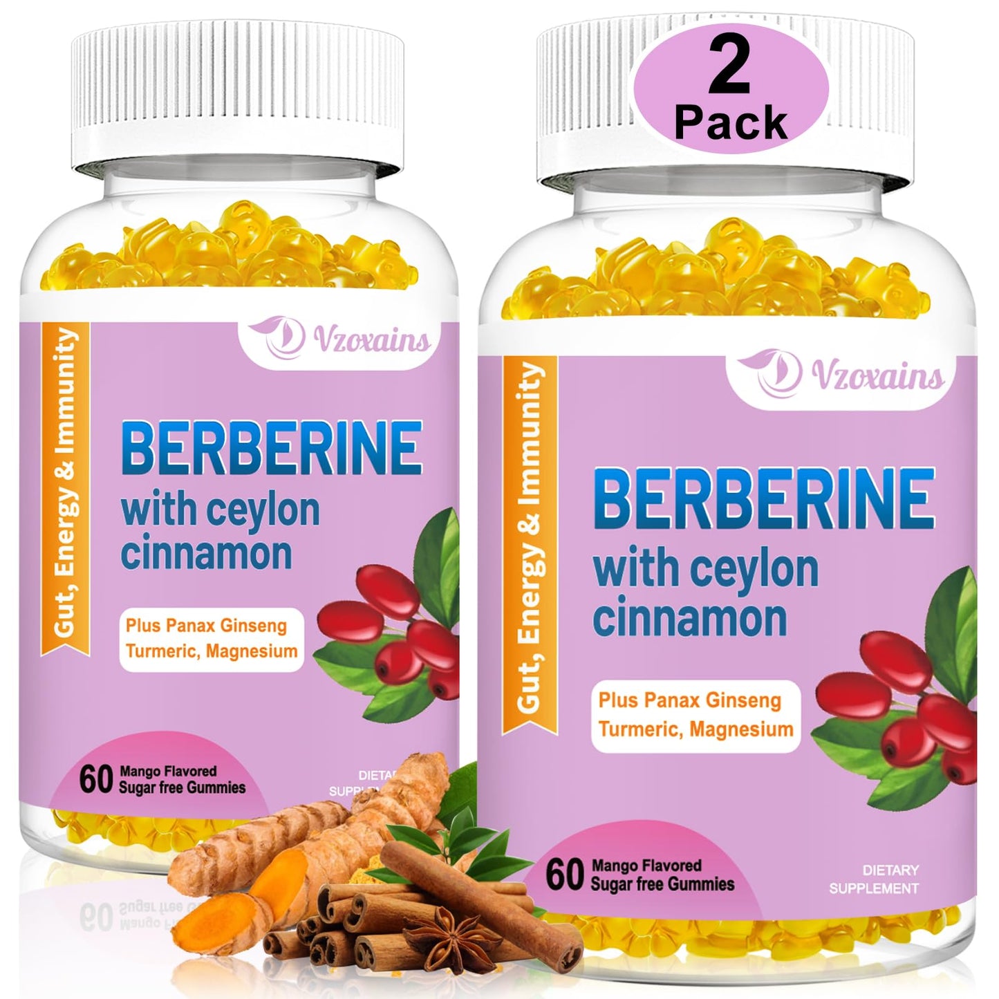 2 Pack Berberine with Ceylon Cinnamon Gummies, 2000mg High Potency Berberine HCI - Maple Wellness Supplements