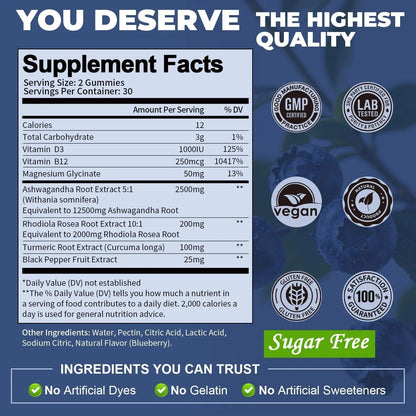 (2 Packs) Sugar Free Ashwagandha Filled Gummies w/Vitamin D3, Magnesium Glycinate, Rhodiola, Ultra Strength Ashwa Root Supplements for Women & Wen, for Relaxation, Energy, Cortisol Gummies - Maple Wellness Supplements
