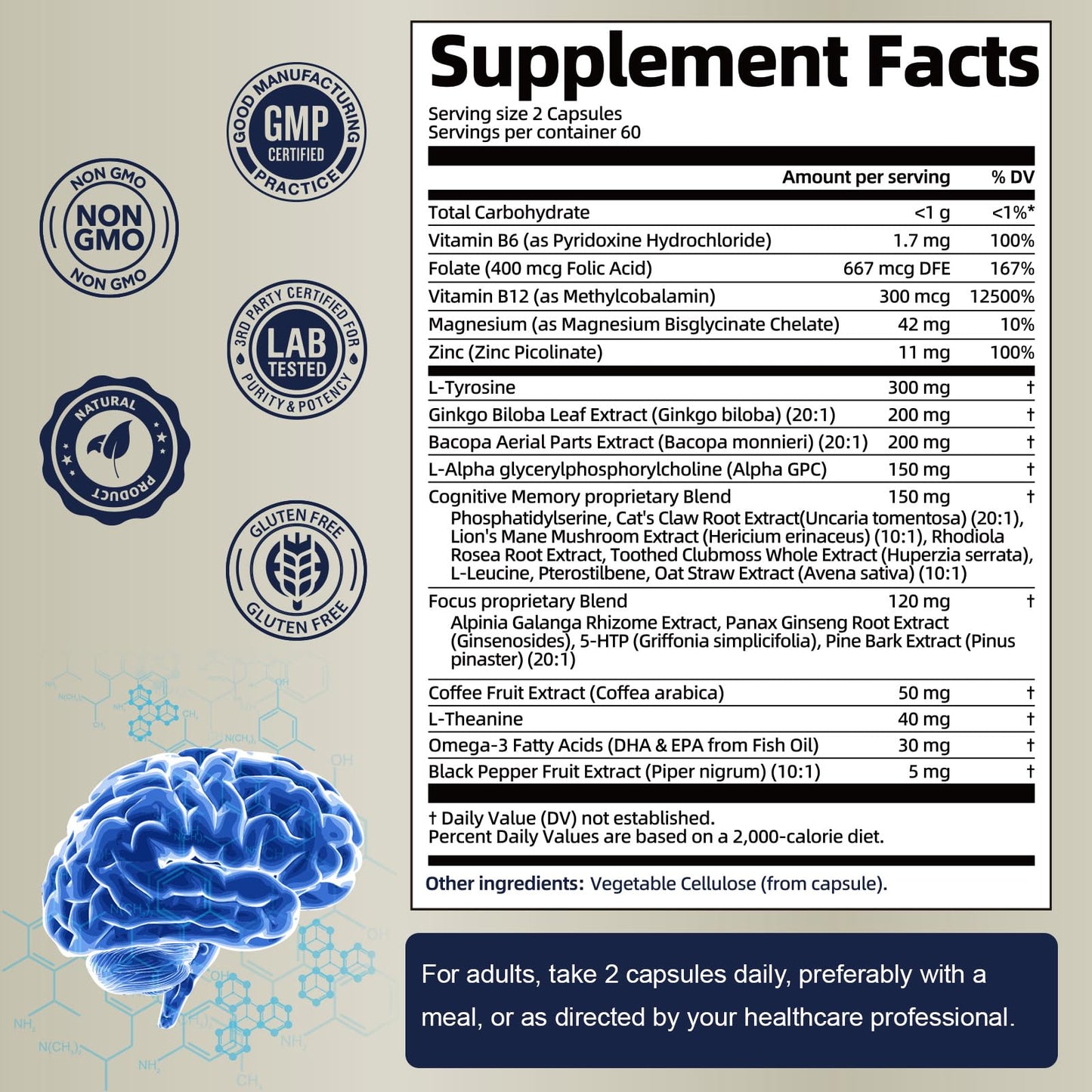 25 in 1 Brain Supplements for Memory and Focus & Neuro Health - Daily Brain Nootropic Cognitive Supplement with L-Tyrosine, Bacopa Monnieri, Ginkgo Biloba, Alpha GPC - Non-GMO, Gluten Free - Maple Wellness Supplements