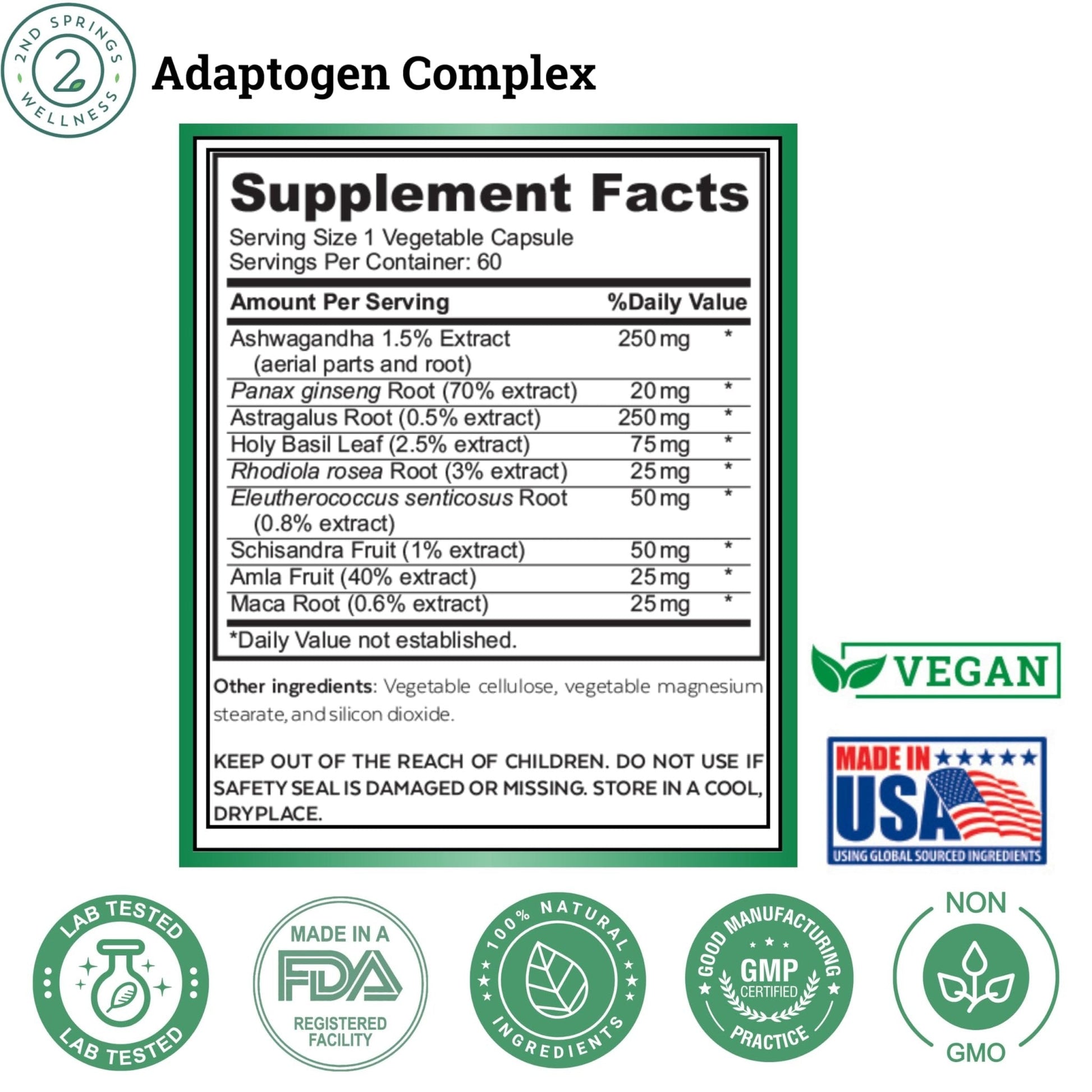 2nd Springs Adaptogen Complex Calmness, Energy and Vitality Booster - Ashwagandha, Schisandra, Astragalus, Ginseng, Rhodiola, and More - Adrenal Support Supplements - 60 Ct - Maple Wellness Supplements