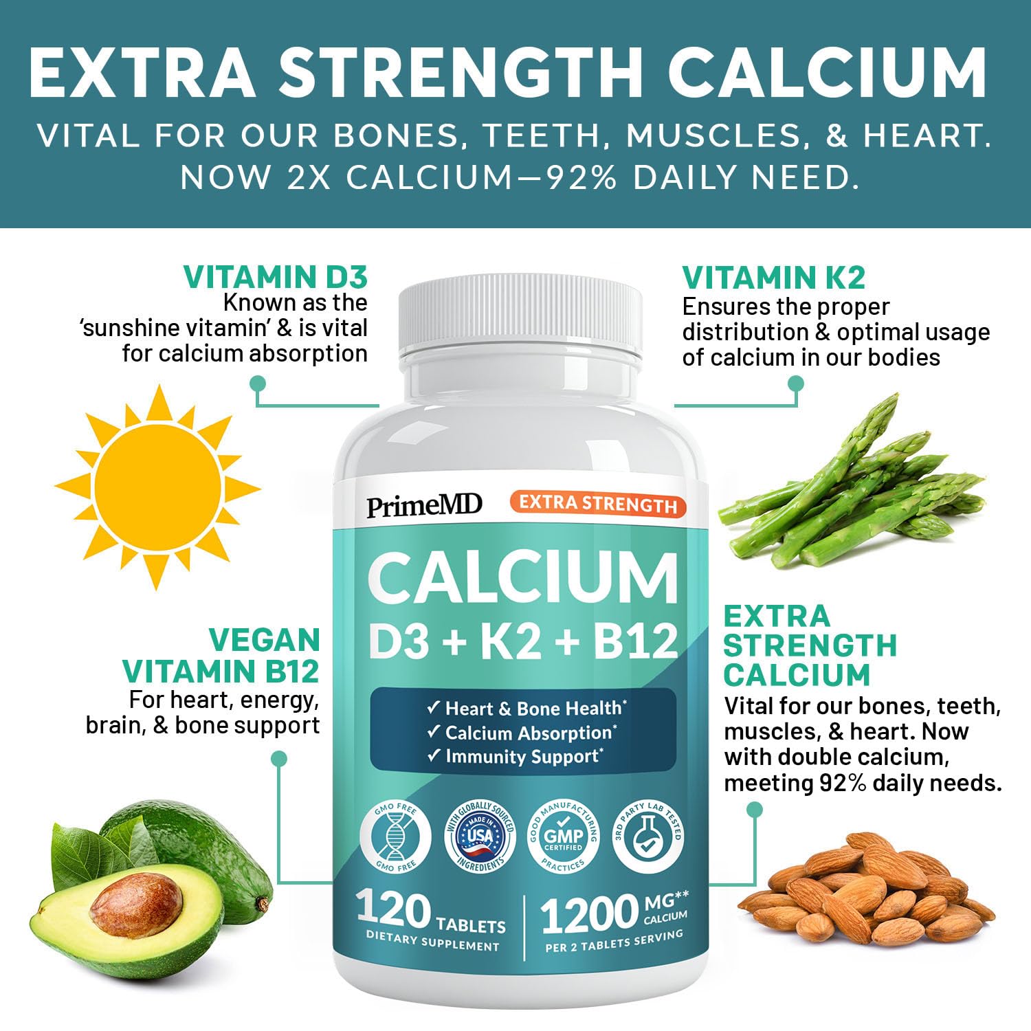 4-in-1 Calcium 1200 mg with Vitamin D3 K2 - Extra Strength Calcium Supplements for Women & Men with D3 K2 Vitamin 5000 IU - Everyday Vitality Supplement - Maple Wellness Supplements