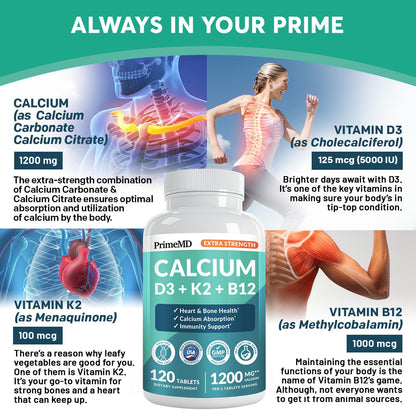 4-in-1 Calcium 1200 mg with Vitamin D3 K2 - Extra Strength Calcium Supplements for Women & Men with D3 K2 Vitamin 5000 IU - Everyday Vitality Supplement - Maple Wellness Supplements