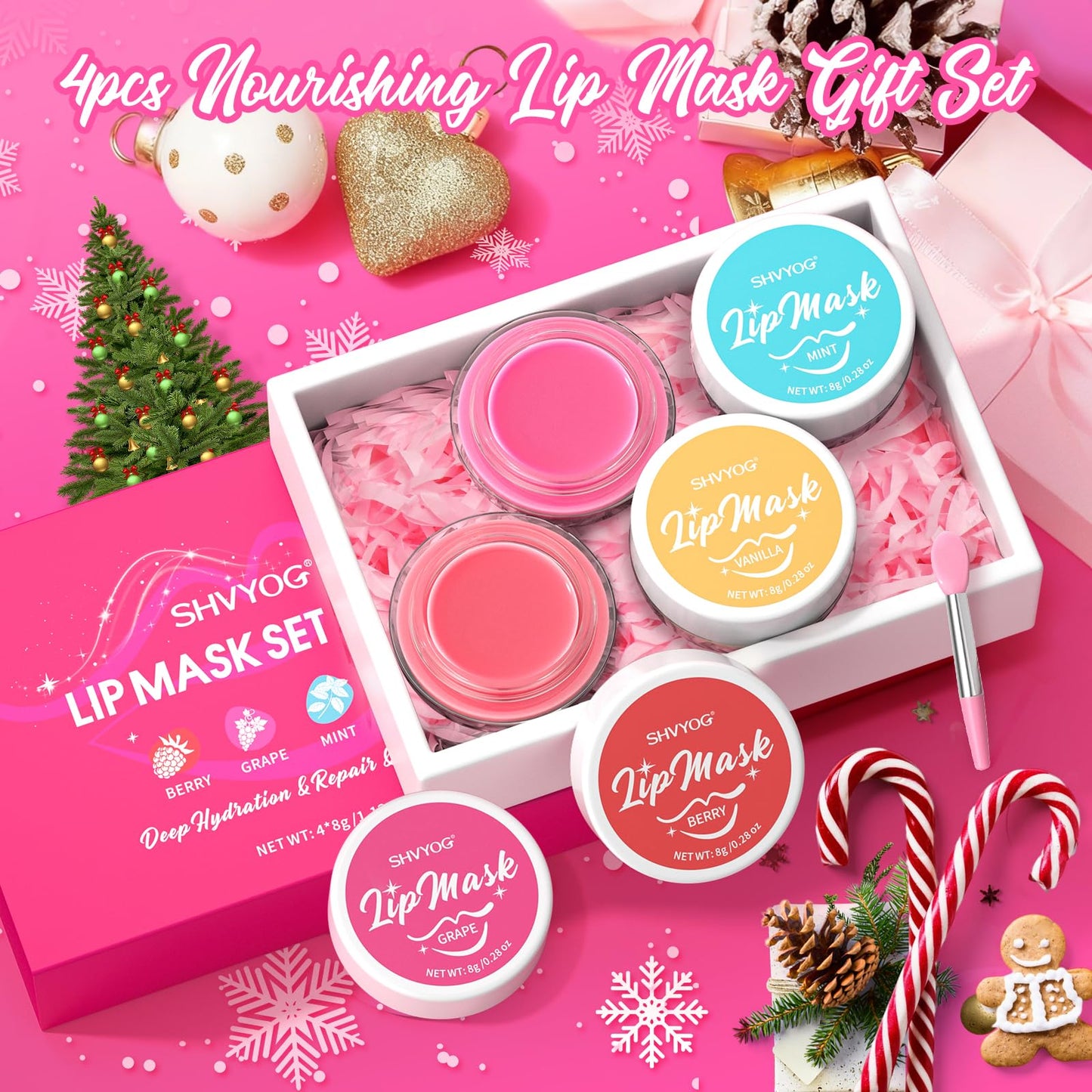 4 Pack Lip Mask Set, Hydrating Lip Mask Overnight - Berry, Grape, Mint, Vanilla Flavors, Lip Sleeping Mask Nourish Lip Balm with Vitamin C & Shea Butter | Dry Lips Care Gift - Maple Wellness Supplements