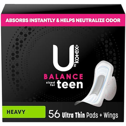 U by Kotex Balance Sized for Teens Ultra Thin Pads with Wings, Heavy Absorbency, 56 Count