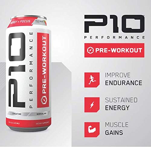 P10 Performance Sugar-Free Pre Workout Drink - 12-Pack, Fruit Blast, 12oz Cans - Energy & Focus, BCAAs & Creatine - 200mg of Caffeine