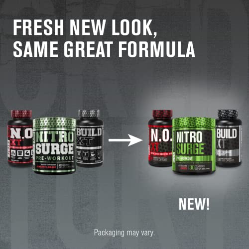 Jacked Factory Nitrosurge Pre Workout, N.O. XT Nitric Oxide Supplement & Build-XT Daily Muscle Builder Bundle