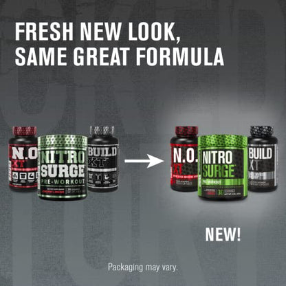 Jacked Factory Nitrosurge Pre Workout, N.O. XT Nitric Oxide Supplement & Build-XT Daily Muscle Builder Bundle