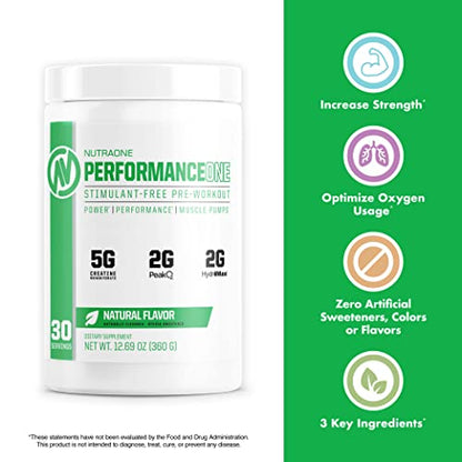 PerformanceOne Best Stimulant-Free Pre Workout Powder by NutraOne for Women and Men —Powerful Nitric Oxide Pre Workout, Non-Stimulant W/ PeakO2Ⓡ, Creatine Monohydrate & HydromaxⓇ (30 Servings)