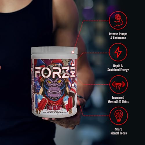 Forze Pre Workout Powder, Beta Alanine, L-Taurine & Dual-Source Caffeine for Sustained Energy. Himalayan Pink Salt, Betaine Anhydrous & L-Citrulline for Pump. No Useless Filler - 14.3 oz (Old Glory)