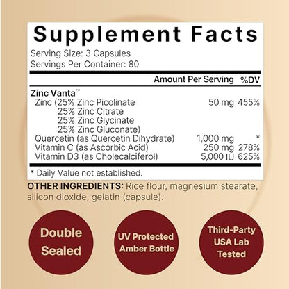 NatureBell Zinc Quercetin with Vitamin C & D3, 240 Capsules | Quercetin 1,000mg, 4 in 1 Zinc 50mg, Vitamin C 250mg, Vitamin D3 5,000 IU – ZincVanta Advanced Immune Defense & Lung Support NatureBellBuy Supplements Australia