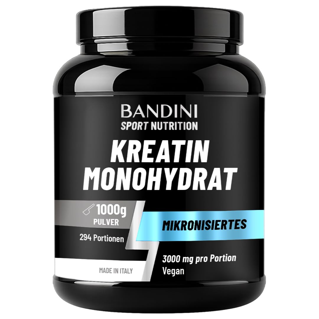 Bandini® Creatine Monohydrate Powder, 1 kg/1000 g, 294 Servings of 3000 mg | Ultra pure micronised creatine 3 g, microfine, soluble, tasteless, mesh factor 200, 100% vegan creatine monohydrate