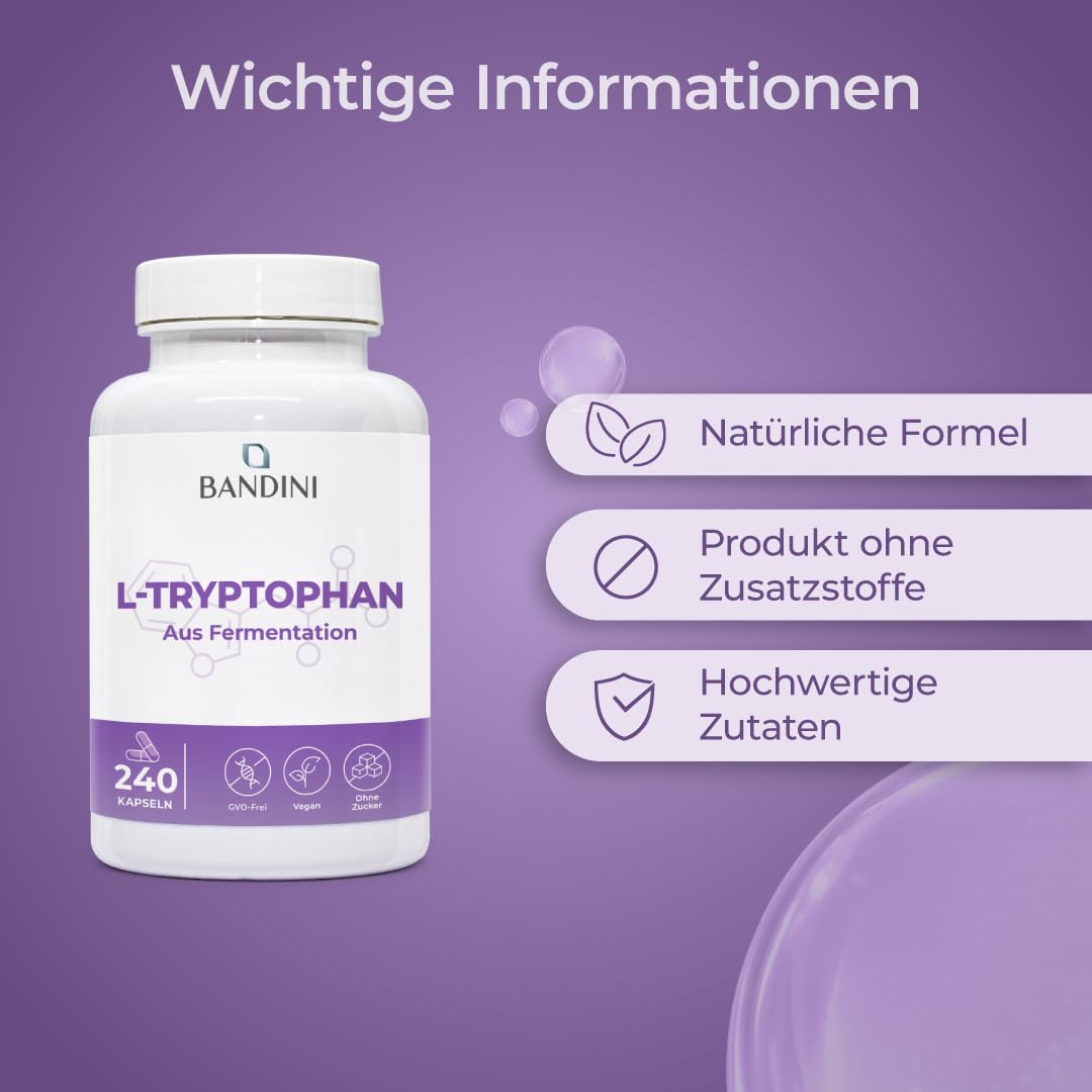 Bandini® L-Tryptophan 240 Capsules - L Tryptophan with 500 mg per capsule | High dose - 8 months range - Made from vegetable fermentation - Laboratory tested, without unwanted additives - 100% vegan