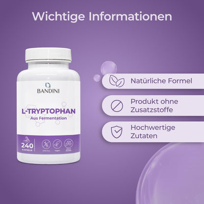 Bandini® L-Tryptophan 240 Capsules - L Tryptophan with 500 mg per capsule | High dose - 8 months range - Made from vegetable fermentation - Laboratory tested, without unwanted additives - 100% vegan