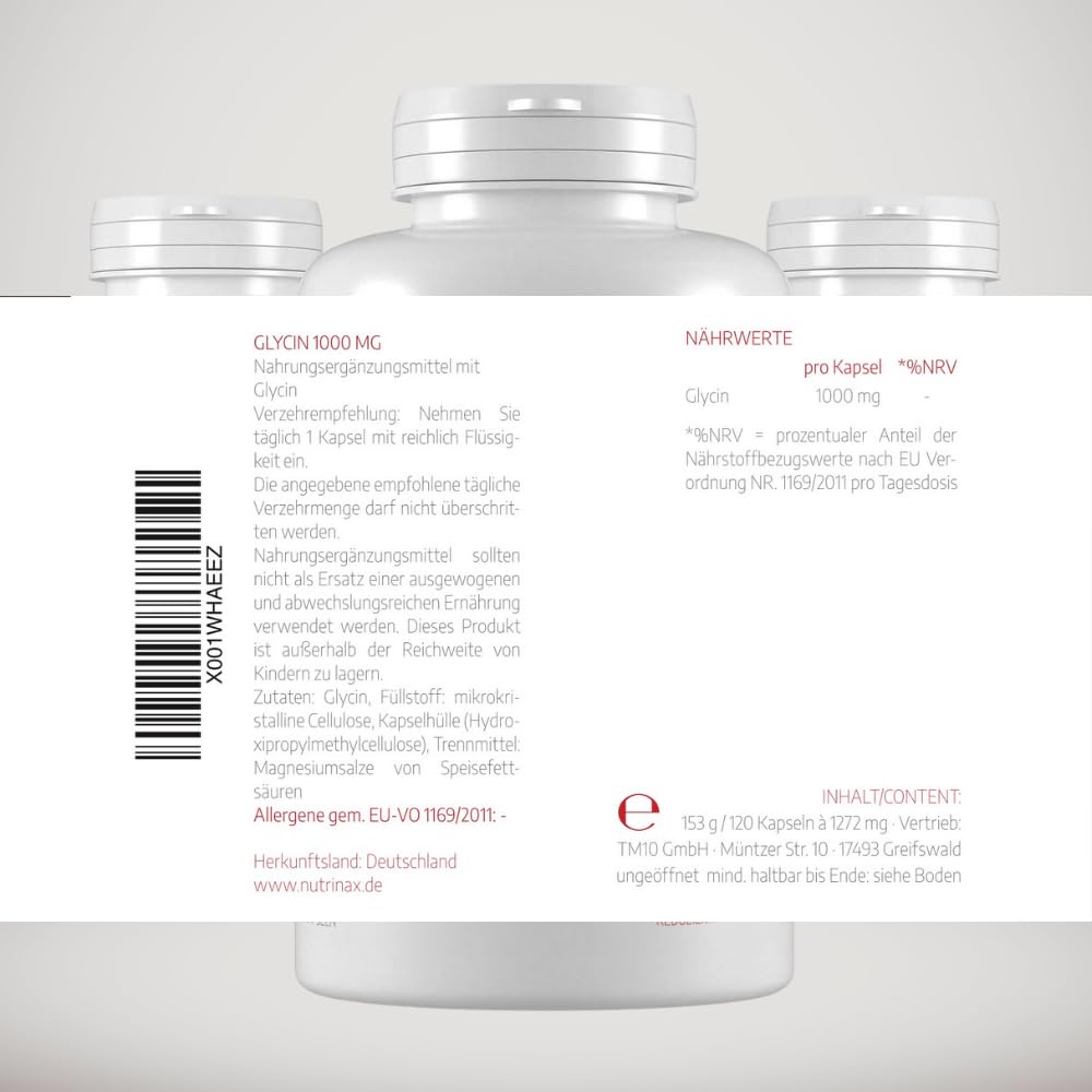 Glycine Capsules 1000 mg 120 Capsules | Amino acid glycine, vegan, no additives, high quality