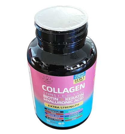 Collagen Peptides Types I, II, III, V & X, 64000 MCG, 14 in 1, Biotin, Keratin, Hyaluronic Acid, Magnesium, MSM, Grape Seed, Vitamin A C & E, Black Pepper, Quercetin, Folate, Zinc (90 Veggie Caps) Main ProductsBuy Supplements Australia