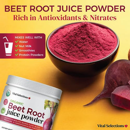 Vital Selections 100% Organic Beet Root Juice Powder, Highest Purity and Potency, USA Grown, Superior Beet Drying Technology, Maximum Nitric Oxide Boost for Cardio Support and Athletic Performance