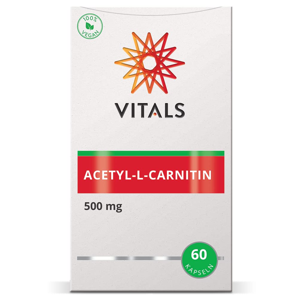 Vitals - Acetyl-L-Carnitine 500mg 60 Capsules, Acetylated Form of L-Carnitine. 100% Vegan. In a vegetable capsule, supplemented with an excipient from a natural source.