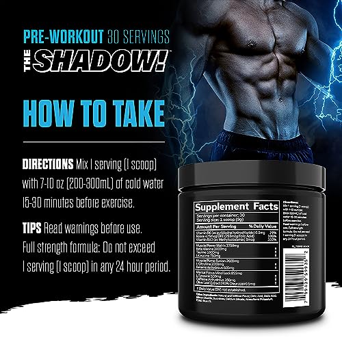 JNX SPORTS The Shadow! 350mg of Caffeine Hard Core Preworkout -Electric Energy, Mental Focus, Superhuman Strength, Men & Women - Blue Raspberry 30 Servings