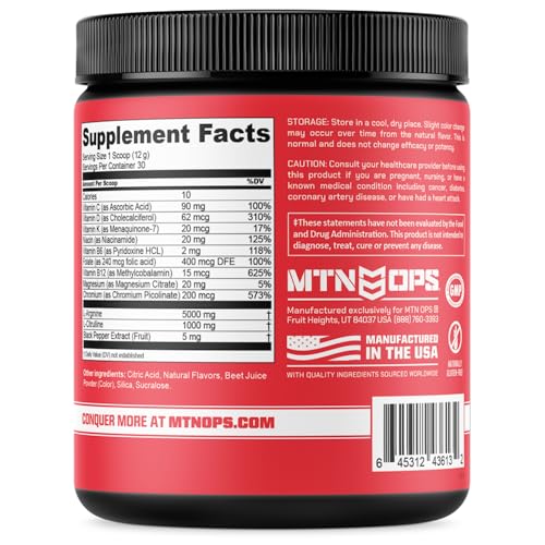 MTN OPS Enduro Nitric Oxide Supplement & Stim-Free Pre Workout - 30 Servings - with Magnesium Citrate, Beet Root Powder, Niacinamide, L Arginine & L Citrulline - Kiwi Strawberry Flavor