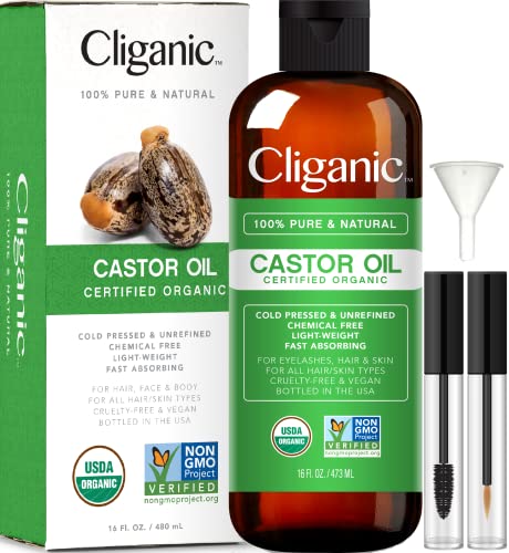 Cliganic USDA Organic Castor Oil, 100% Pure (16oz with Eyelash Kit) - For Eyelashes, Eyebrows, Hair & Skin