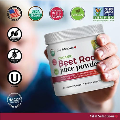 Vital Selections 100% Organic Beet Root Juice Powder, Highest Purity and Potency, USA Grown, Superior Beet Drying Technology, Maximum Nitric Oxide Boost for Cardio Support and Athletic Performance
