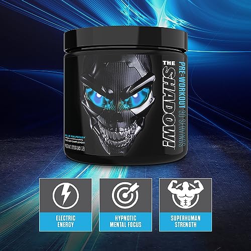 JNX SPORTS The Shadow! 350mg of Caffeine Hard Core Preworkout -Electric Energy, Mental Focus, Superhuman Strength, Men & Women - Blue Raspberry 30 Servings