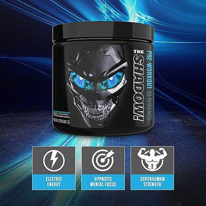 JNX SPORTS The Shadow! 350mg of Caffeine Hard Core Preworkout -Electric Energy, Mental Focus, Superhuman Strength, Men & Women - Blue Raspberry 30 Servings